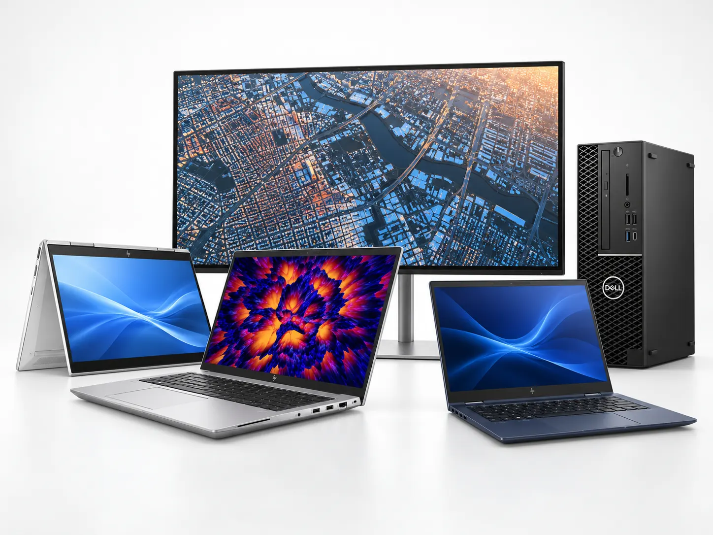 Refurbished HP, Lenovo and Dell laptops on a desk